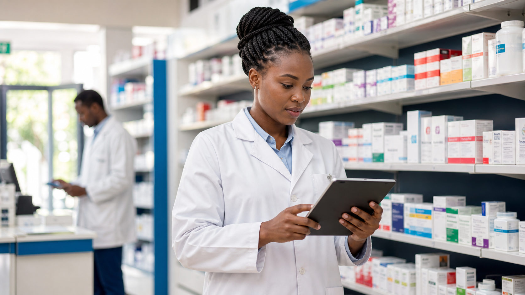 Pharmacist using a tablet to manage medicine inventory